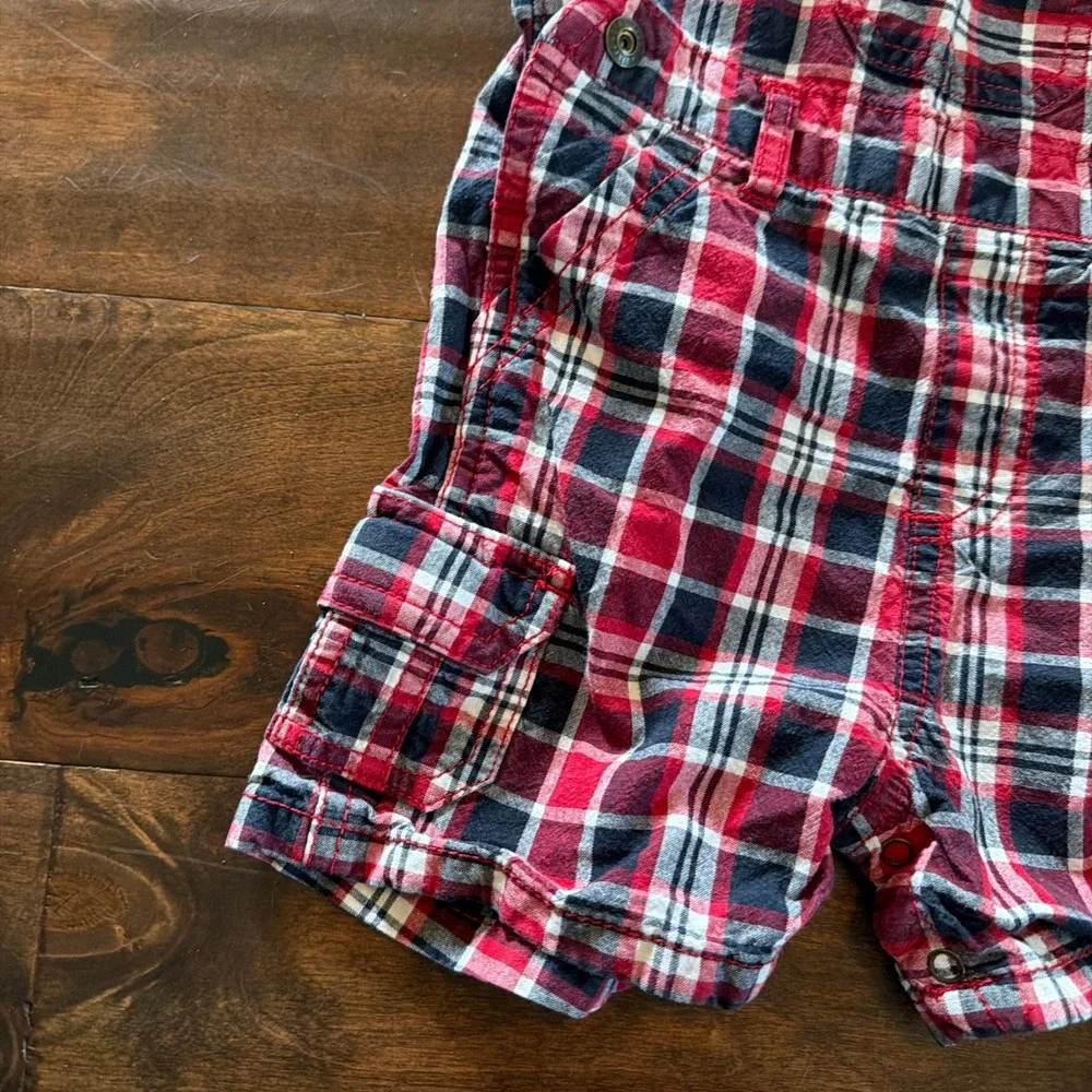 Gymboree Boys Red Navy Blue Plaid Cotton Shortalls Overalls 6-12 Months
